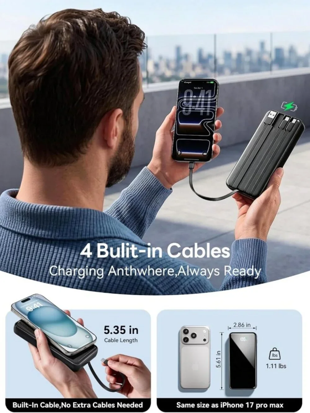 High-Capacity 50000mAh Portable Power Bank with 4 Built-in Cables & Fast